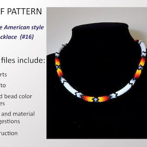 Puede incluir: Un collar de cuentas de estilo nativo americano en blanco, azul, amarillo, naranja y rojo. El collar está en un maniquí negro. El texto "PDF PATTERN" está en la parte superior de la imagen. El texto "Native American style Necklace (#16)" está debajo de la imagen. El texto "PDF files include: * Charts * Photo * Seed bead color codes * Tool and material suggestions * Instruction" está debajo de la imagen.