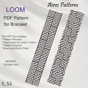 May include: Black and white loom beading pattern for a bracelet. The pattern is called "S_52" and is from Aires Patterns. The PDF includes a pattern preview, seed bead list, pattern diagram, and bead and world chart.