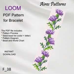 May include: A PDF pattern for a bracelet design. The design features a floral pattern in shades of purple and green on a light pink background. The text includes "LOOM", "PDF Pattern for Bracelet", and "Instant Download". The pattern includes a seed bead list and a bead chart.