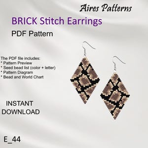 May include: Two diamond-shaped earrings with a snake skin pattern. The earrings are made with small beads in shades of brown, black, and tan. The image also includes text that says "BRICK Stitch Earrings PDF Pattern" and "INSTANT DOWNLOAD".
