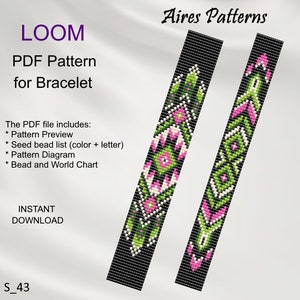 Può includere: Uno schema PDF per un braccialetto a telaio con un design geometrico con perline nere, bianche, verdi e rosa. Lo schema include un'anteprima, un elenco di perline, un diagramma e un grafico di perline e del mondo.  "LOOM PDF Pattern for Bracelet" e "Aires Patterns" sono scritti sull'immagine.