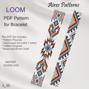 Może przedstawiać: Wzór PDF na bransoletkę z koralików tkanych na krosnach z geometrycznym wzorem w kolorze czerwonym, niebieskim, żółtym i czarnym. Wzór zawiera podgląd, listę koralików startowych, schemat i wykres koralików i świata. Wzór nazywa się "S_35" i jest dostępny do natychmiastowego pobrania.