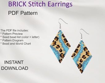 Leopard Brick Stitch Earring Pattern: Miyuki Delica Beaded Diamond (PDF Download E_41)