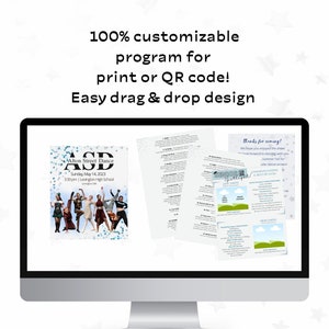 Może przedstawiać: Ekran komputera wyświetlający spersonalizowany program do druku lub kodu QR. Program zawiera harmonogram recitalu tanecznego ze zdjęciem tancerzy, listą numerów tanecznych i sekcją gratulacji. Tekst "in my hosting era" jest wyświetlany pod ekranem komputera.