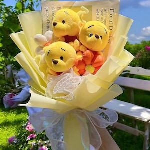 Yellow Bear Animal Big Plush Flower Bouquet | Handmade Flower Arrangement | Cartoon Character Plush Bouquet | Gifts for Her | Plush Toys