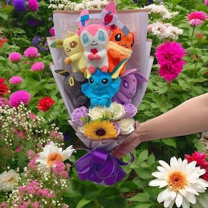 Ramo de peluche de Pokémon, muñecos colgantes de peluche de dibujos animados kawaii, ramo creativo hecho a mano, regalo de cumpleaños de Navidad para niños, flores para ella