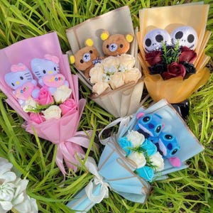 Sanrio Animal Flower Bouquet | Handmade Flower Arrangement | Cartoon Character Flower Plush Bouquet | Hello Kitty Flowers, Stitch & Angel