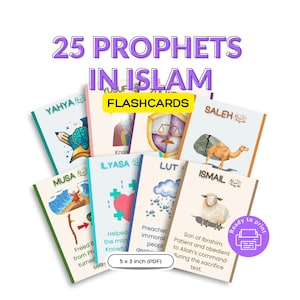 Peut inclure: Ensemble de cartes flash "25 Prophètes de l'Islam". Chaque carte présente des illustrations et des noms de prophètes. Les cartes mesurent environ 12,7 x 7,6 cm. Une icône "Prêt à imprimer" est visible.