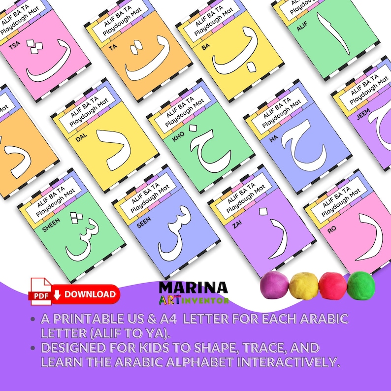 Printable Arabic Letters for Muslim Kid | Alif Ba Ta Playdough Mats for ...