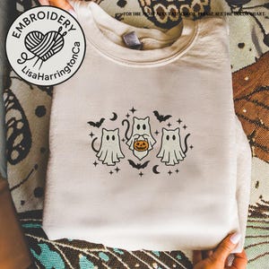 Embroidered Ghost Cats Sweatshirt, Embroidered Halloween Sweatshirt, Cat Fall Sweatshirt, Trick Cat Fall Crewneck