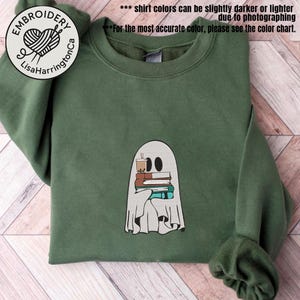 Ghost Reading Sweatshirt, Halloween Sweatshirt, Embroidered Ghost, Ghost Reading Books, Fall Crew, Halloween Embroidery, Ghost Book Sweater