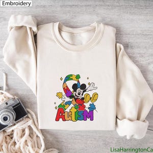 Mouse Autism Awareness Day Embroidered Sweatshirt, Autism Day Embroidery T-shirt, Autism Cartoon Character Embroidery Shirt