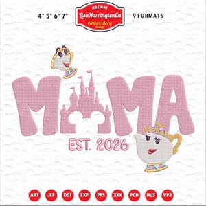Mama Est 2026 Disegno per ricamo Disney, File per ricamo a macchina di Mrs. Potts e Chip, Disegno per ricamo del castello de La Bella e la Bestia