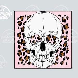 Schädel PNG Sublimation digitales Design Download png, rosa Leopard, menschlicher Schädel im Quadrat, Skelett png, trendy png, retr, Tshirt Frauen png