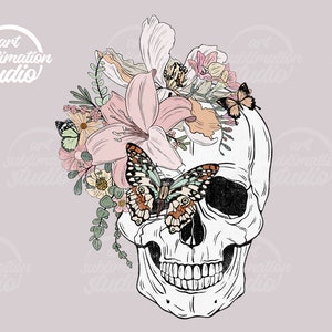 Floral Skull PNG Sublimation Digital Design Download, Flowers png, Skeleton png, Butterfly png, trendy png, boho png, retro png, women png