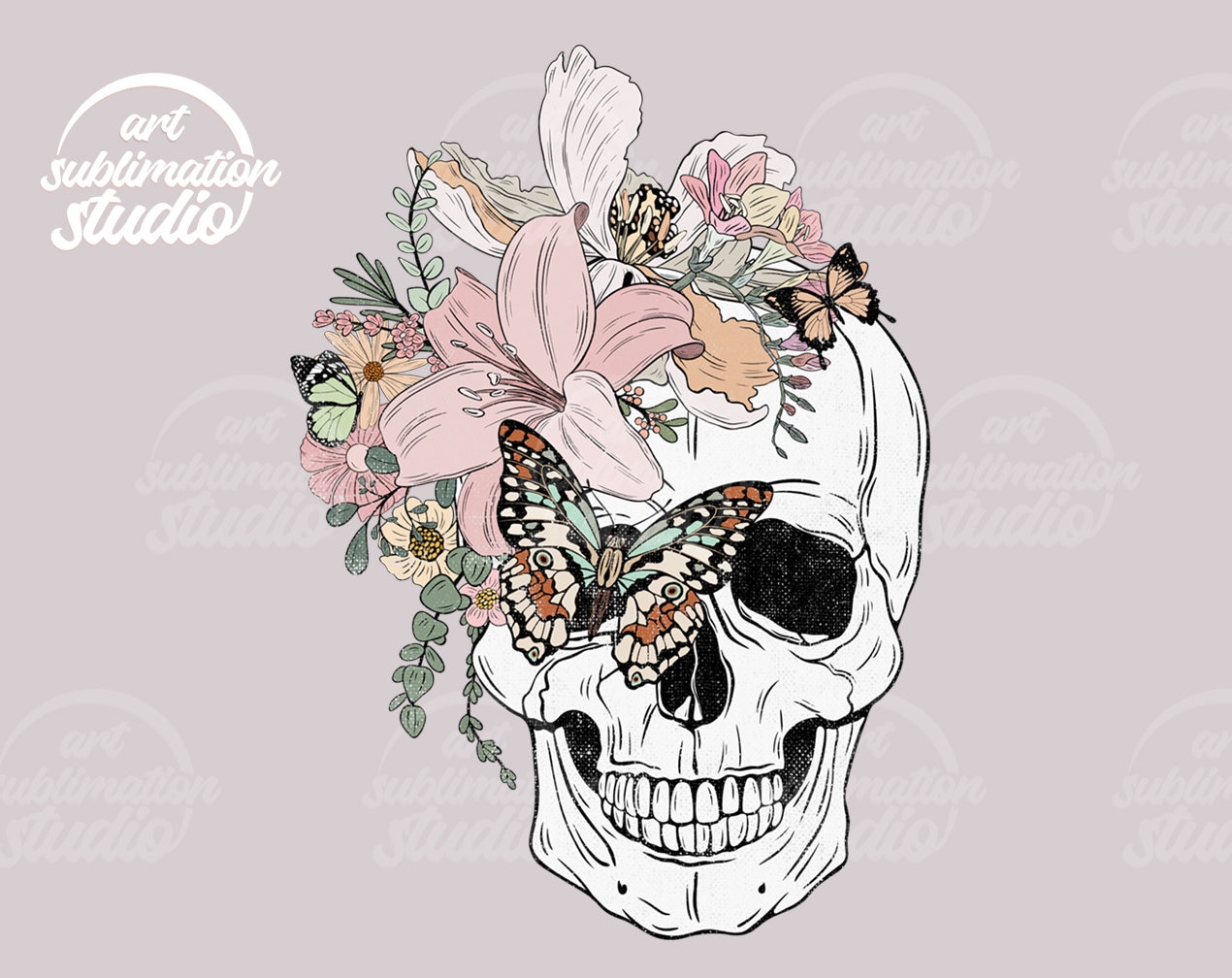 Floral Skull PNG: Butterfly & Flowers Sublimation Design (Digital Download)