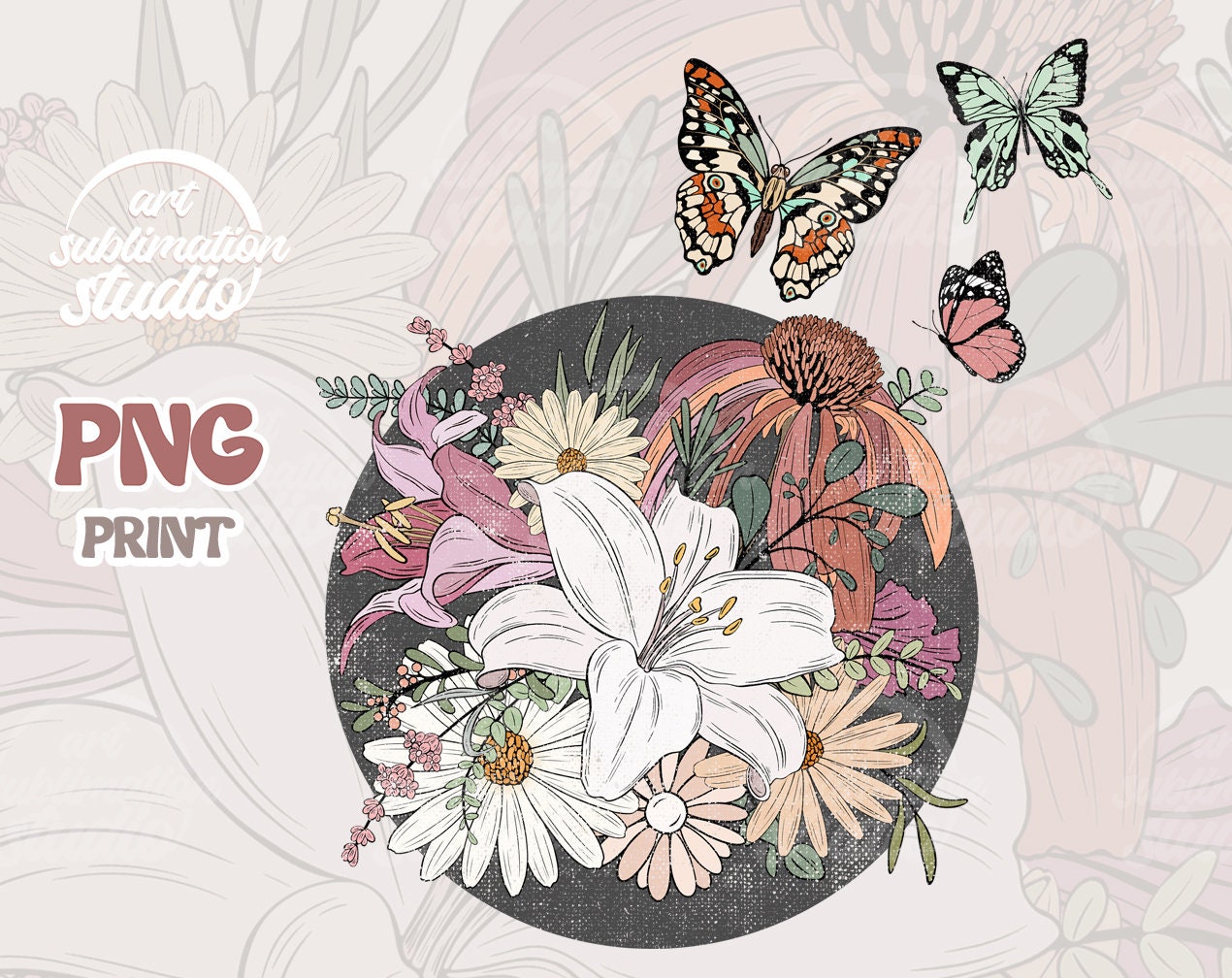 Floral Png Sublimation Shirt Designs Downloads, Butterflies, Boho ...