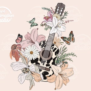 Guitarra floral PNG: Diseño de sublimación de música country (descarga digital)