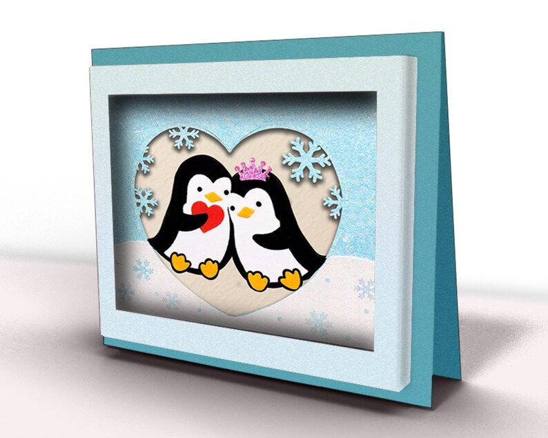 Penguin Couple Valentine Card SVG, Cricut Card SVG File, 3d popup Card, 3d papercut SVG card cut file, Shadow Box Card, CrafterLobby22