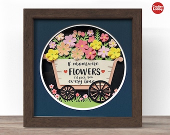 May include: A framed paper craft with a wheelbarrow filled with colorful paper flowers. The wheelbarrow has a sign that reads "If moms were flowers I'd pick you every time".