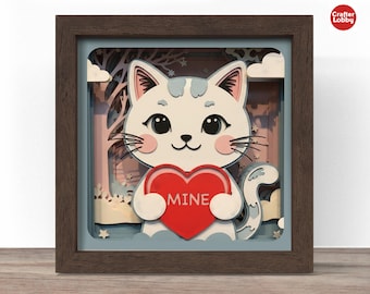 Valentine Cat Shadow Box SVG: 3D Papercut File