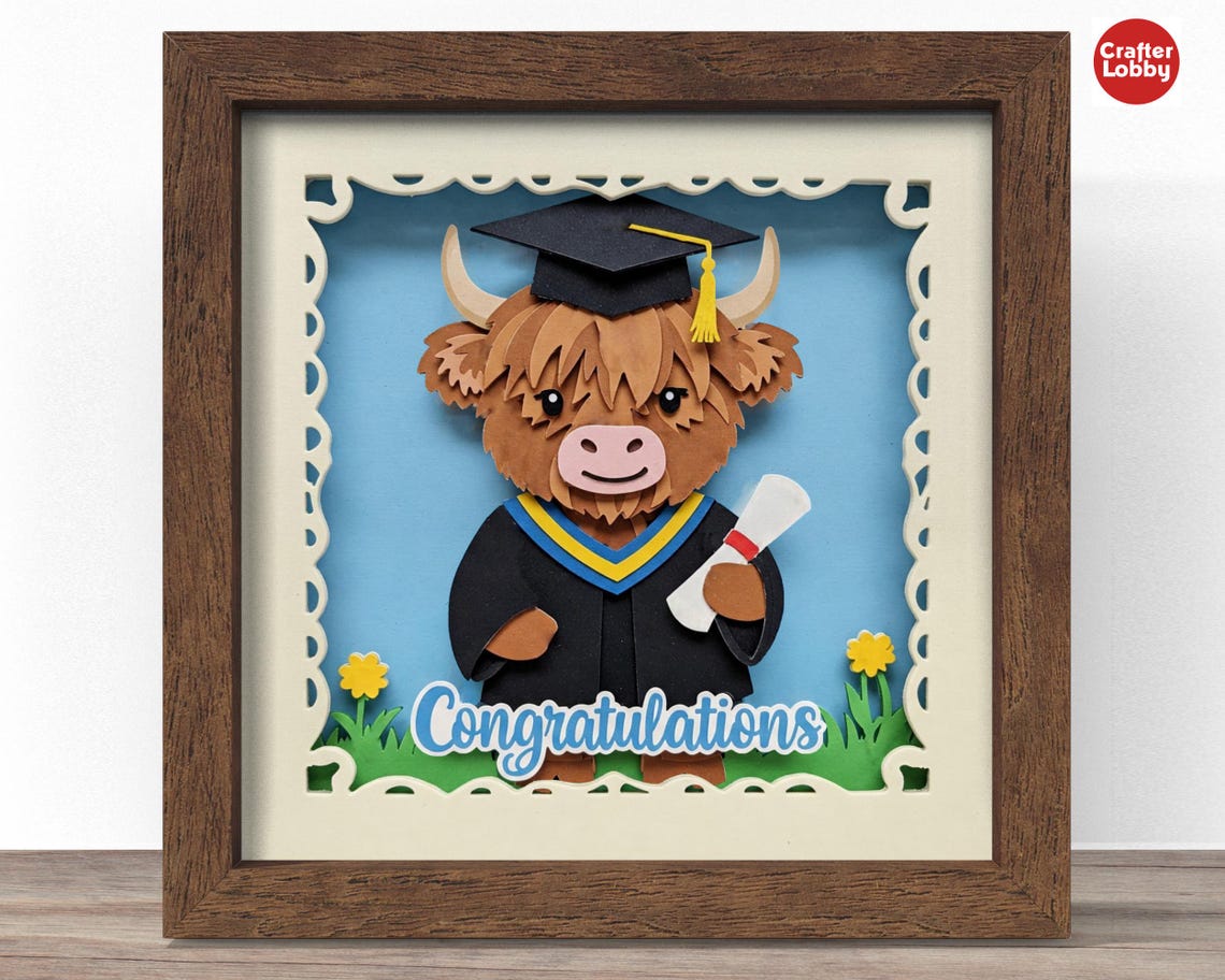 3D Graduation Highland Cow Shadow Box SVG: Papercut File - Etsy Canada