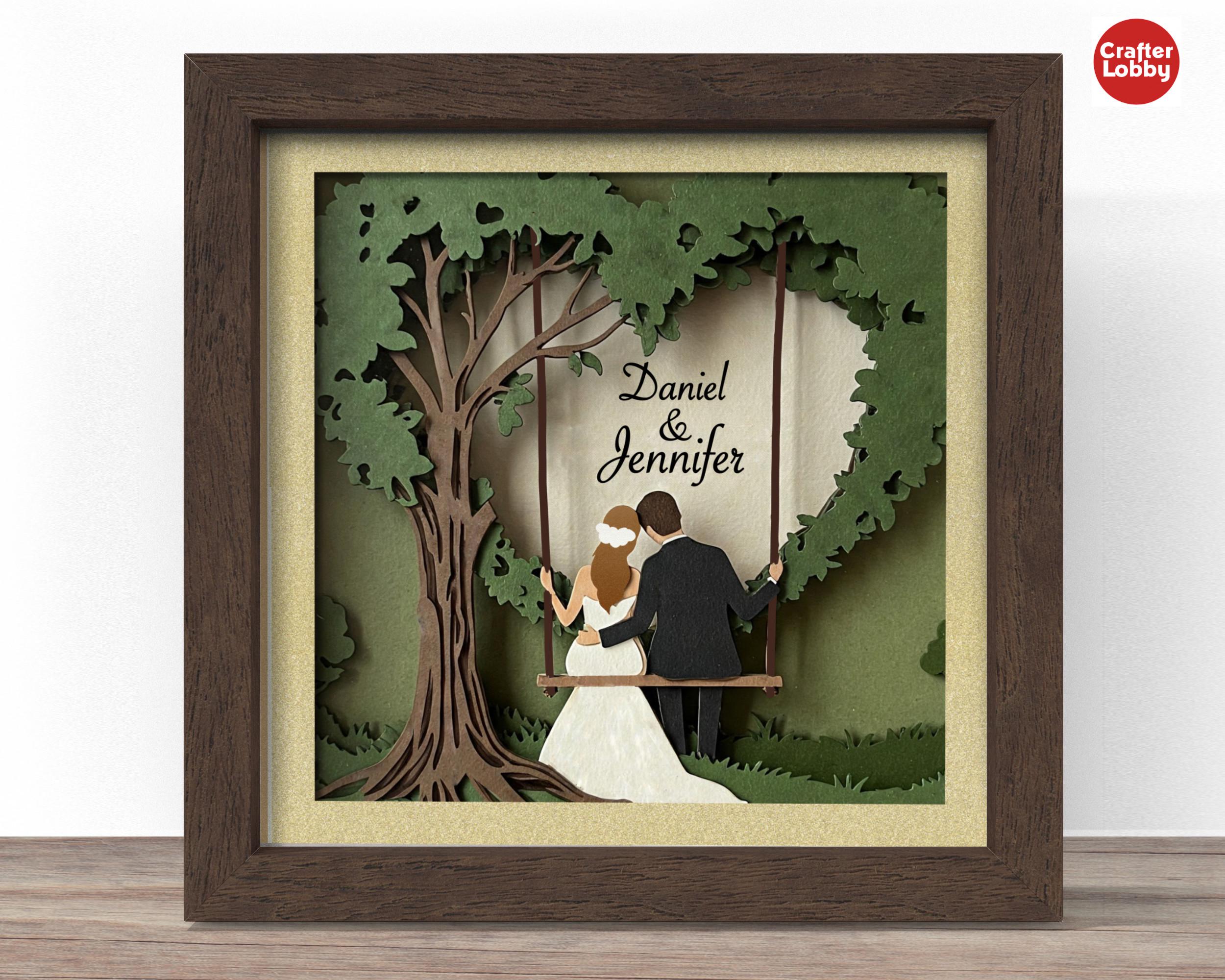 3d wedding couple on swing shadow box SVG, wedding gift shadow box file, Cricut SVG File, 3d papercut SVG, CrafterLobby.