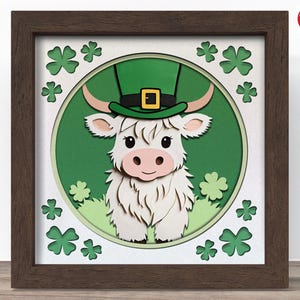 3D St Patrick's highland cow shadow box SVG, fichier Cricut SVG, fichier de boîte d'ombre de lutin, 3D papercut SVG cartonné coupe fichier, CrafterLobby