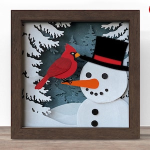 3d cardinal on snowman shadow box SVG, Cricut SVG File, Christmas shadow box file, 3d papercut snowman SVG cut file, CrafterLobby