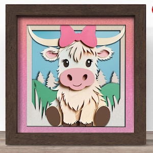 3d Schleife Highland Kuh Schattenbox SVG, Cricut SVG-Datei, Bogen Schattenbox SVG-Datei, 3D Papierschnitt SVG Papierschnittdatei, CrafterLobby
