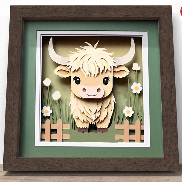 3D Floral Highland Cow Shadow Box SVG: Papercut File