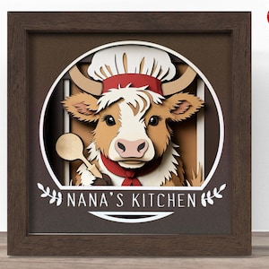 3D personnalisable vache Highland signe de cuisine ombre boîte SVG, fichier SVG Cricut, papier cartonné SVG 3D papercut coupe fichier, CrafterLobby