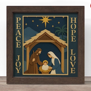 Pudełko z cieniem 3D Narodzenia w formacie SVG, plik Cricut SVG, plik pudełka z cieniem pokoju, radości, nadziei i miłości, plik wycinany z papieru w formacie SVG, CrafterLobby.