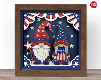 3d happy 4th of july gnome couple shadow box SVG, Cricut SVG File, patriotic shadow box file, 3d papercut SVG cut file, CrafterLobby
