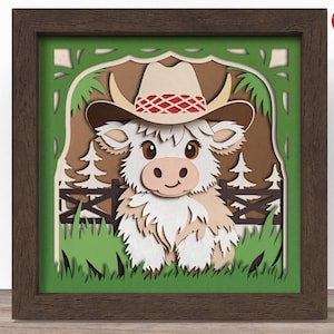 3D Cowboy Highland cow shadow box SVG, fichier Cricut SVG, fichier de boîte d'ombre de chapeau de cowboy, 3D papercut SVG cartonné coupe fichier, CrafterLobby