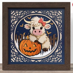 3D Halloween Highland vache boîte d'ombre SVG, fichier Cricut SVG, fichier de boîte d'ombre de citrouille, papier cartonné SVG 3D papercut coupe fichier, CrafterLobby