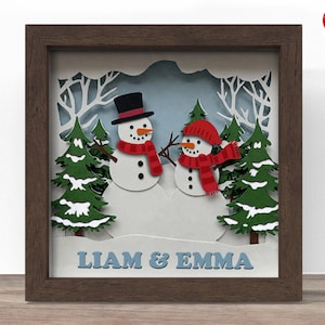 3d snowman couple shadow box SVG, Cricut SVG File, Customizable shadow box file, 3d papercut let it snow SVG cut file, CrafterLobby