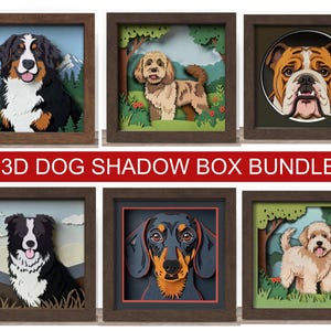Könnte beinhalten: Eine Sammlung von sechs gerahmten 3D-Schattenbox-Kunstwerken mit Hunden. Jedes Stück zeigt eine andere Hunderasse, darunter ein Berner Sennenhund, ein Goldendoodle und eine Bulldogge. Die Rahmen sind dunkelbraun und die Kunst hat ein geschichtetes Papierdesign.
