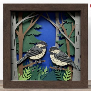 3D paire de mésanges ombre boîte SVG, fichier Cricut SVG, fichier oiseau boîte ombre, 3D papier cartonné SVG coupe fichier, CrafterLobby