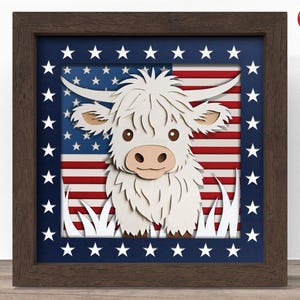 3D boîte d'ombre de vache des Highlands patriotique SVG, fichier Cricut SVG, fichier de boîte d'ombre du 4 juillet, fichier de coupe papier cartonné SVG 3D papercut, CrafterLobby