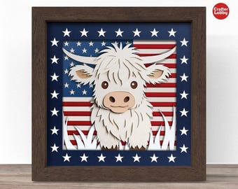3d patriotic highland cow shadow box SVG, Cricut SVG File, 4th of july shadow box file, 3d papercut SVG cardstock cut file, CrafterLobby