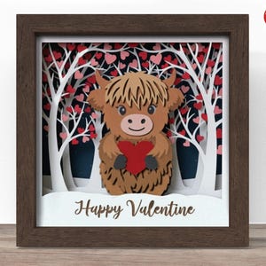 Valentine Highland Cow Shadow Box SVG: 3D Papercut File