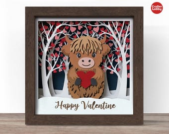 Valentine Highland Cow Shadow Box SVG: 3D Papercut File