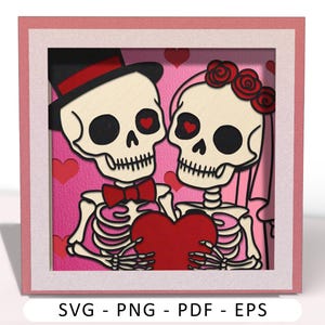 Tarjeta de San Valentín con pareja de calaveras SVG, archivo SVG de tarjeta Cricut, tarjeta emergente 3D, archivo de corte de tarjeta SVG de corte de papel 3D, tarjeta con caja de sombras, CrafterLobby