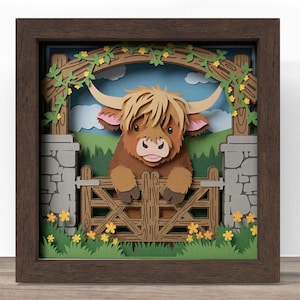 3D Highland Kuh Bauernhaus SVG: 3D Papierschnittdatei (Digitaler Download)