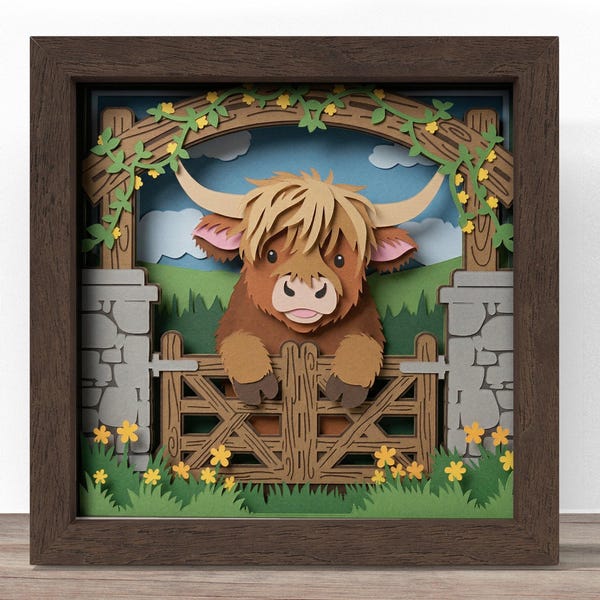 3D Highland Cow Farmhouse Shadow Box SVG: Plik wycinanki 3D (pobranie cyfrowe)
