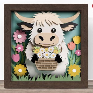 3D Hochlandkuh mit Federkorb Schattenbox SVG, Cricut SVG-Datei, Frühling Schattenbox-Datei, 3D Papierschnitt SVG Papierschnittdatei, CrafterLobby