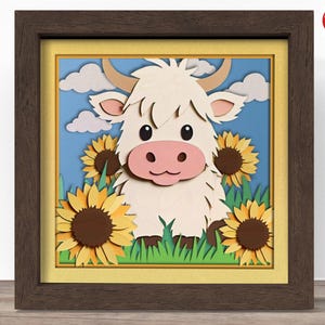 3D boîte d'ombre de vache des montagnes tournesol SVG, fichier Cricut SVG, fichier de boîte d'ombre d'été, 3D papier cartonné SVG coupe fichier, CrafterLobby