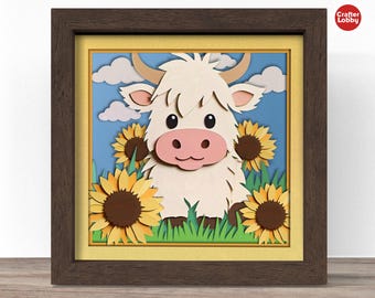 3d highland cow sunflower shadow box SVG, Cricut SVG File, summer shadow box file, 3d papercut SVG cardstock cut file, CrafterLobby