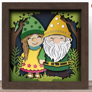 3D Gnome Spring Couple shadow box SVG, fichier Cricut SVG, fichier de boîte de printemps, papier cartonné SVG 3D papercut, CrafterLobby
